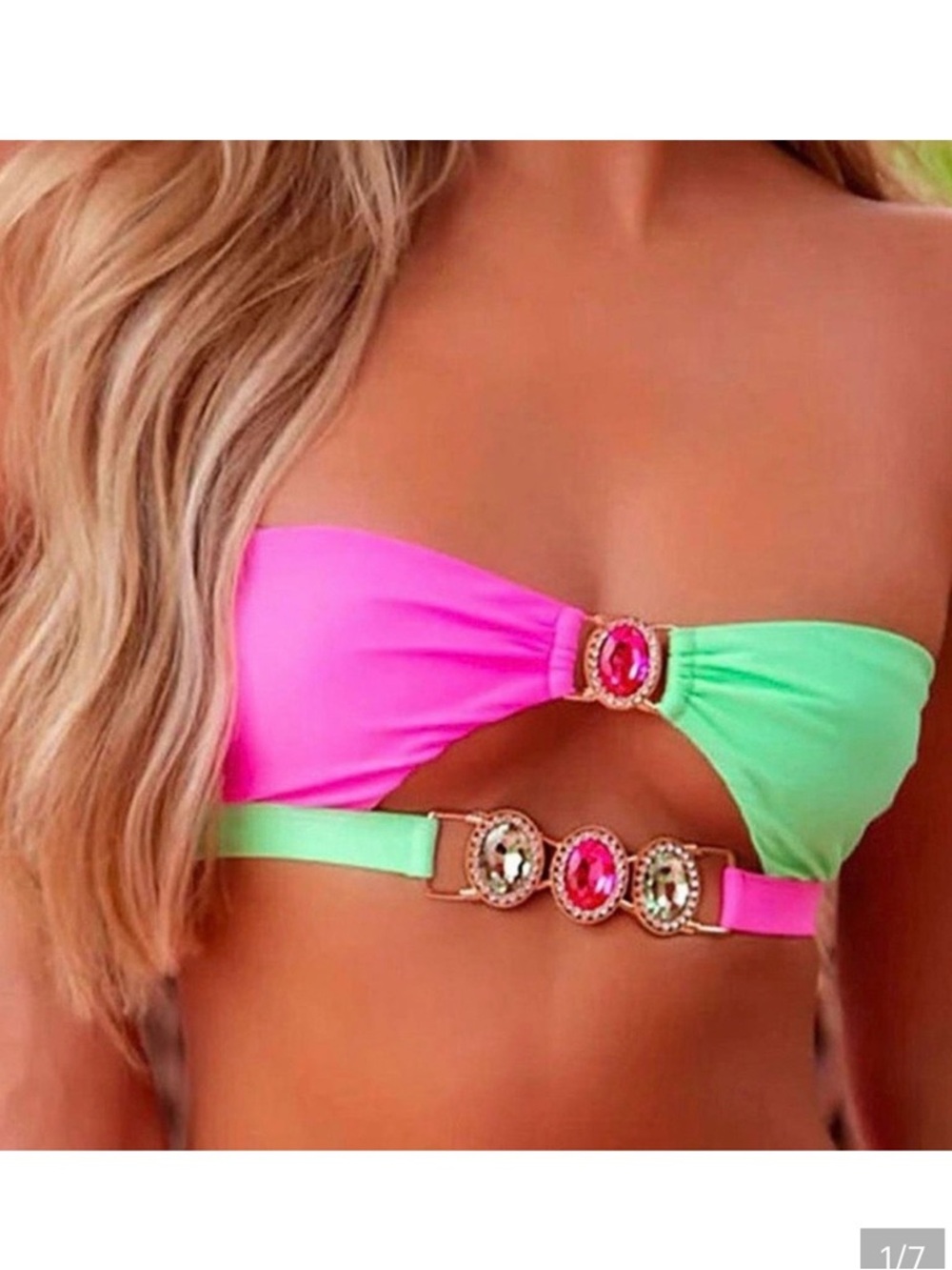 Moda Hot Pink & Mint Green Jewel Bandeau Bikini Top